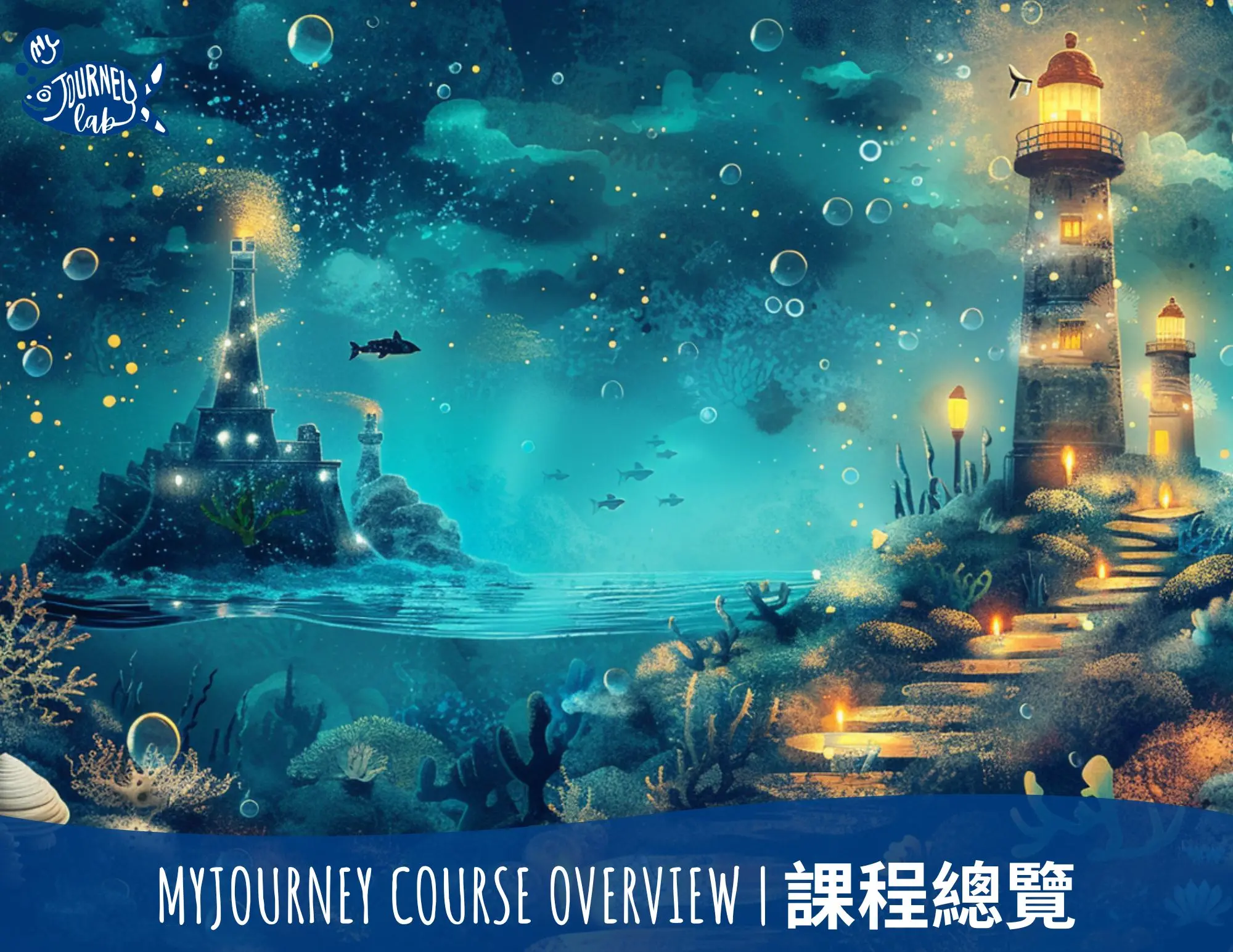 MyJourney Course Overview artwork showing a magical underwater lighthouse pathway representing children’s English learning journey and course roadmap