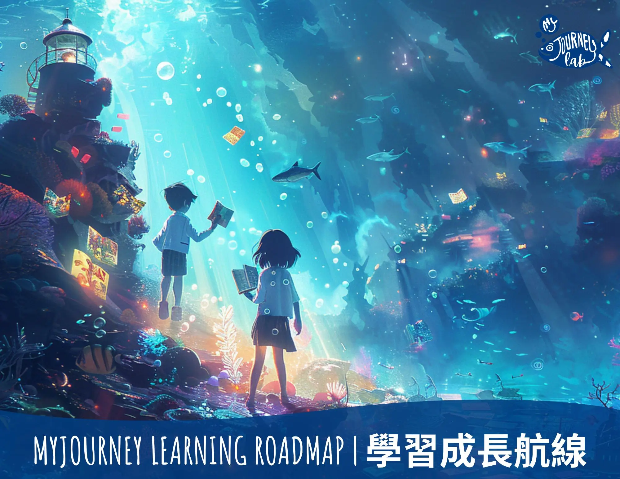 MyJourney Learning Roadmap blog post artwork showing children exploring a glowing underwater learning world with the title 學習成長航線